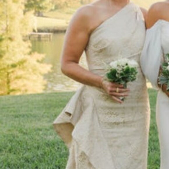 Teri Jon by Rickie Freeman Jacquard One Shoulder Side Ruffle Gown, GOLD - Picture 3 of 4